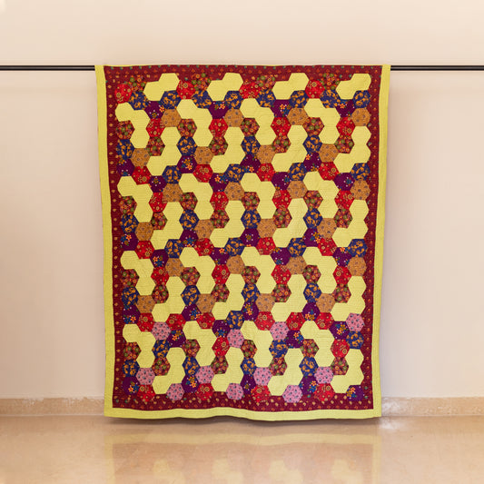 Lime Citrus & Burgundy Hexagon Patchwork Sindhi Ralli Quilt