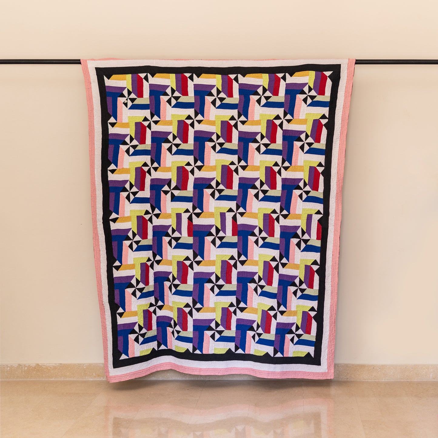 Interlocking Citrus Pinwheel & Ribbon Patchwork Sindhi Ralli Quilt