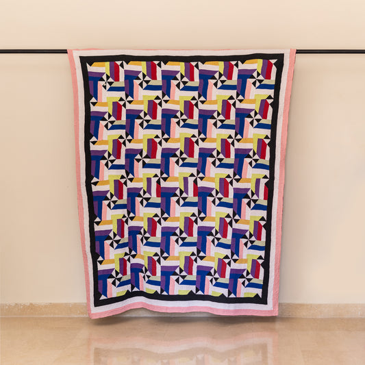 Interlocking Citrus Pinwheel & Ribbon Patchwork Sindhi Ralli Quilt