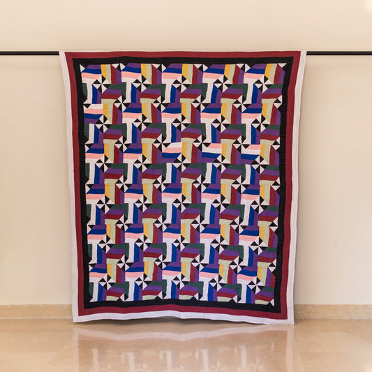 Interlocking Pinwheel & Ribbon Patchwork Sindhi Ralli Quilt