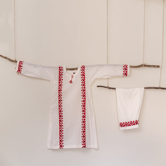 White With Red Traditional Appliqué Dress Set