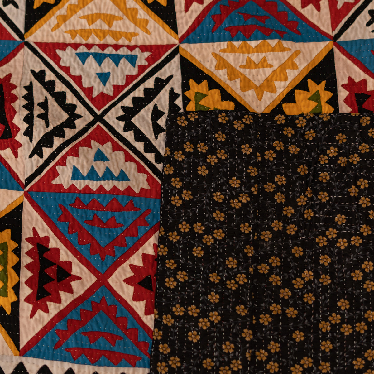 Black & Multicolor Geometric Patchwork Boho Throw – Authentic Handmade Ralli Quilt