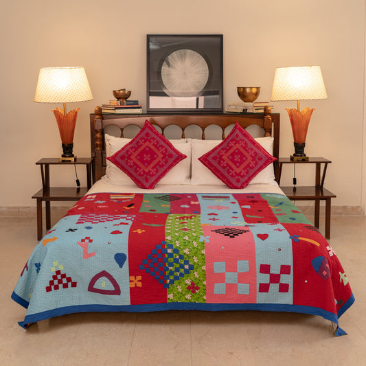 Artwork Vibrant Color Appliqu Rilli – Handmade Reversible Sindhi Patchwork Cotton Bedspread