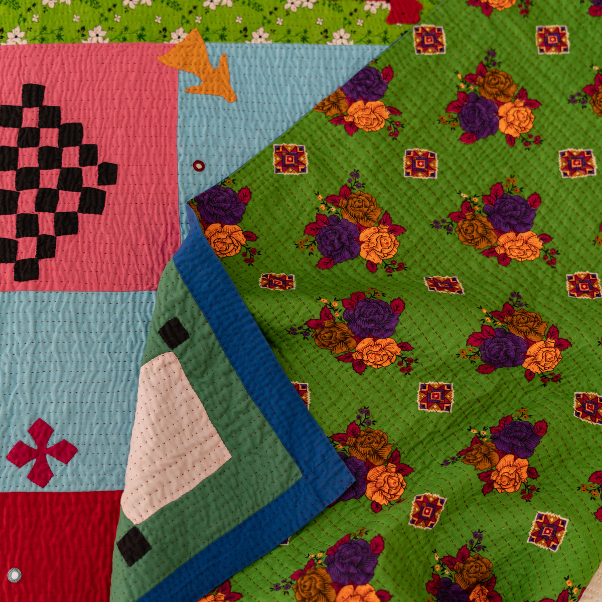 Artwork Vibrant Color Appliqu Rilli – Handmade Reversible Sindhi Patchwork Cotton Bedspread
