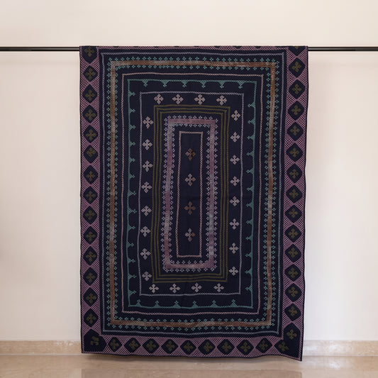 Evening Blue Sage Rilli Throw Quilt -Saami Tradition • Hand- Embroidered • Pure Cotton