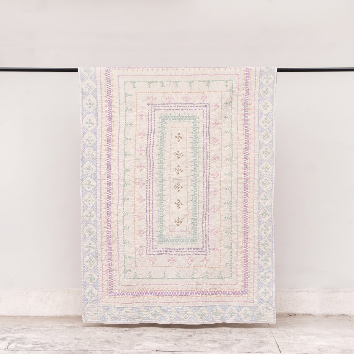 Cream Sage Rilli Throw Quilt -Saami Tradition • Hand- Embroidered • Pure Cotton