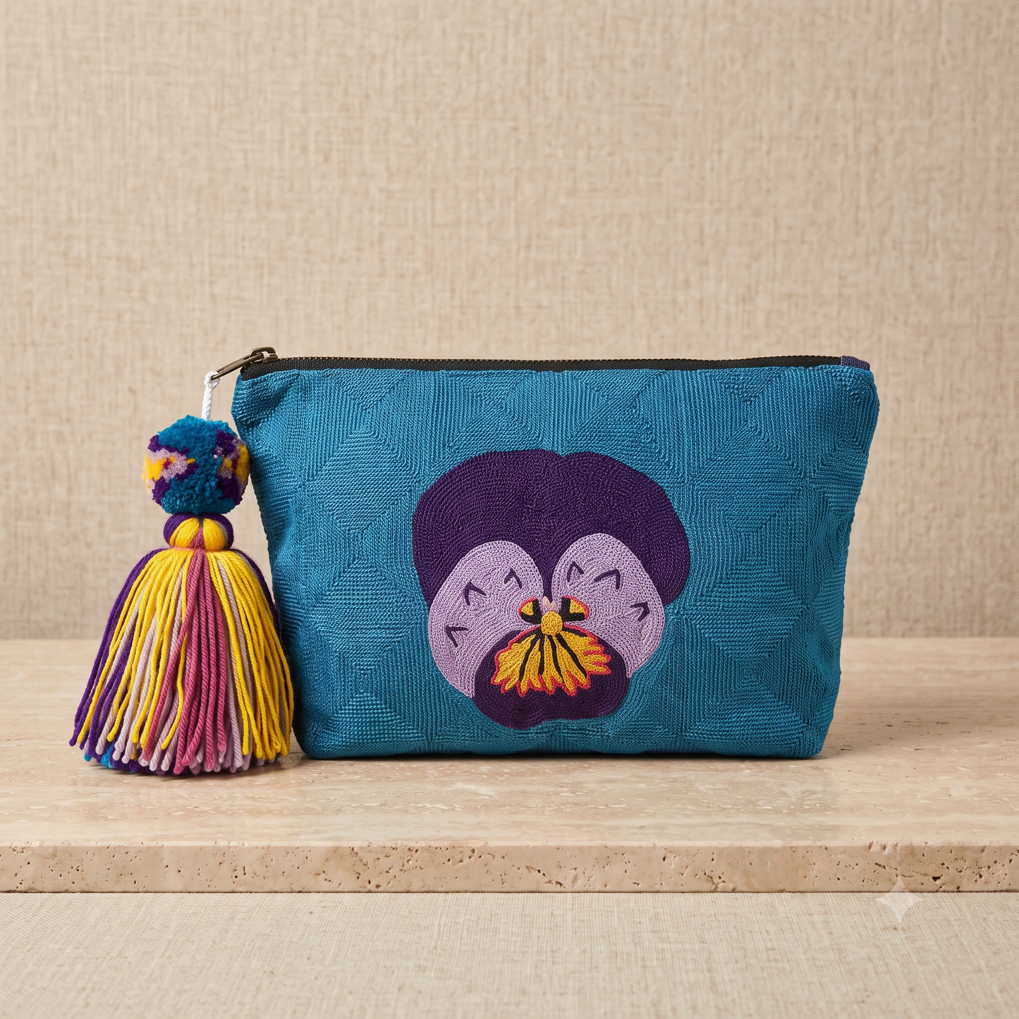 Azure Pansy Hand-Embroidered RC Bag | Handmade Artisan Pouch