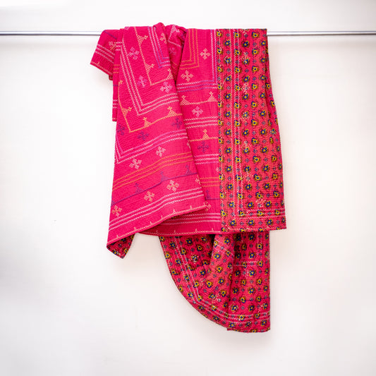 Hot Pink J Rilli King Size Rilli Quilt • Saami Tradition • Hand-Embroidered • Pure Cotton