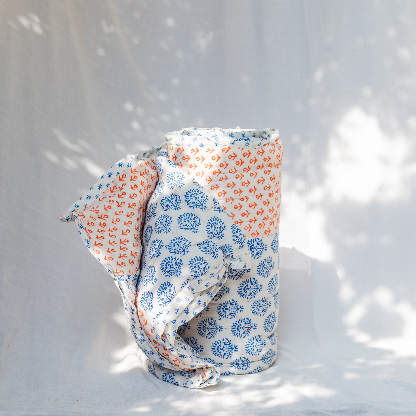 White, Red & Blue Block Print Twin Dulaai