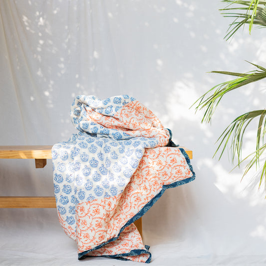 Handmade Ajrak Dulai Quilt – Block Printed Cotton, Raw Cotton Filled