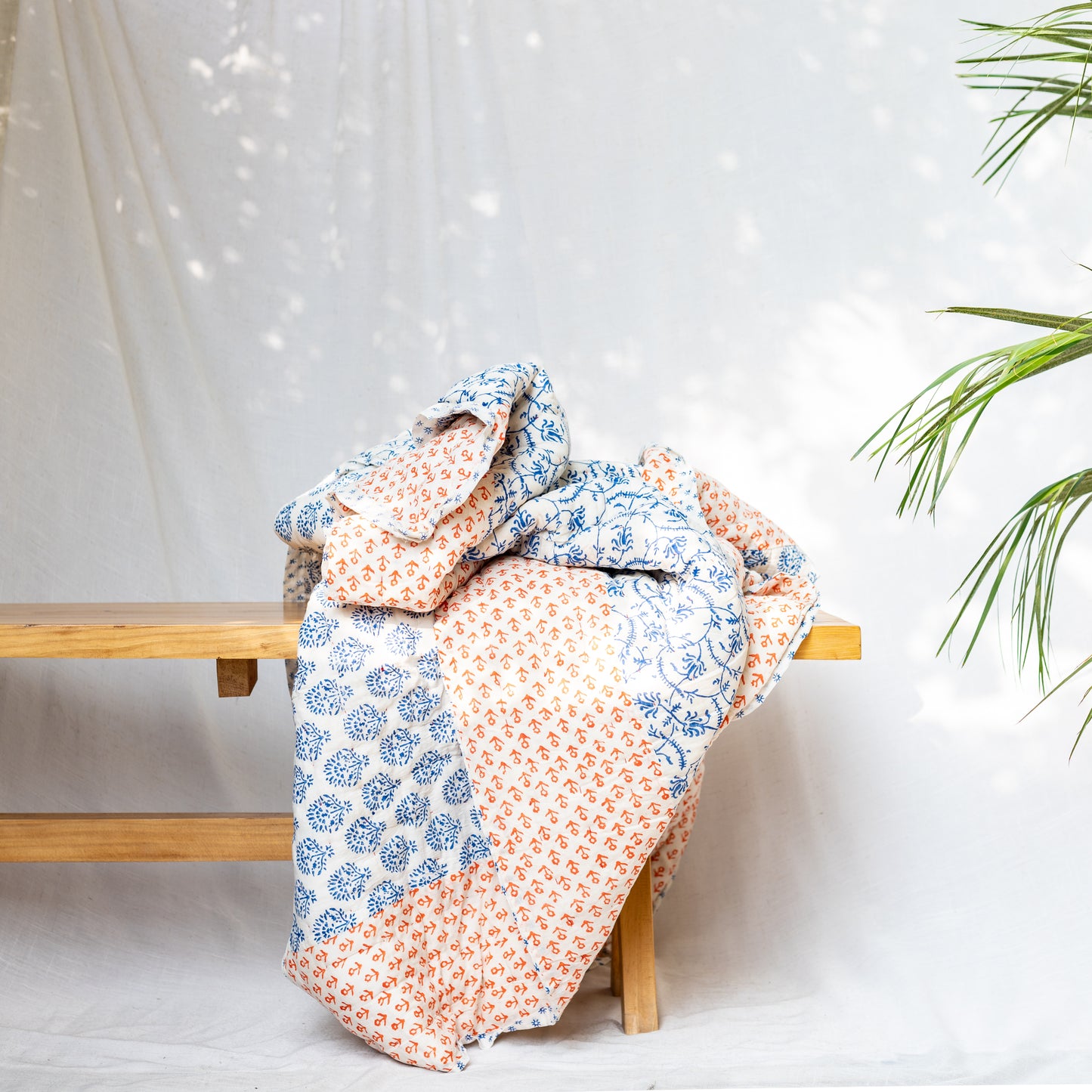 White, Red & Blue Block Print Twin Dulaai