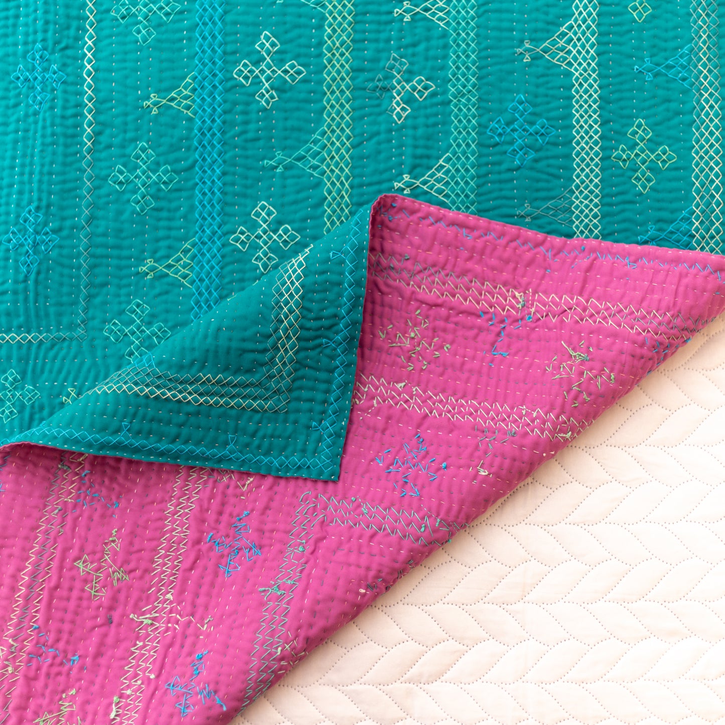 Teal & Pink Reversible Rilli – Throw Size