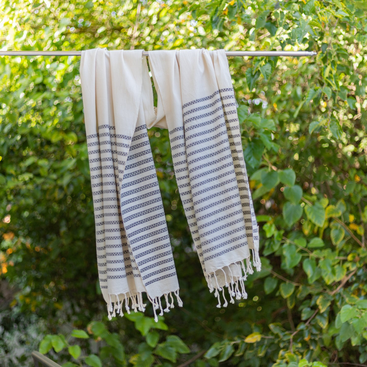 Handwoven Pit Loom Cotton Shawl – Cream with Ink Blue Borders