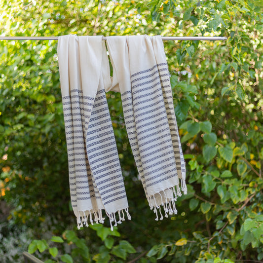 Handwoven Pit Loom Cotton Shawl – Cream with Ink Blue Borders