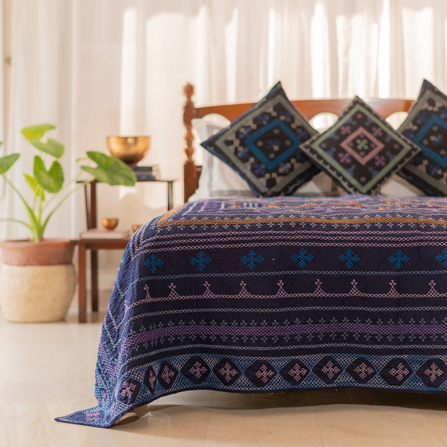 Navy Blue Sage Twin Ralli Quilt – Saami Tradition • Hand- Embroidered • Pure Cotton