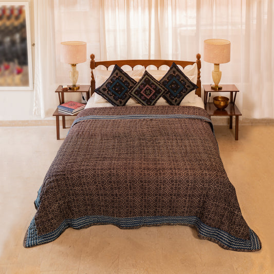 Brown & Indigo Ajrak Cotton Double Dulai Quilt