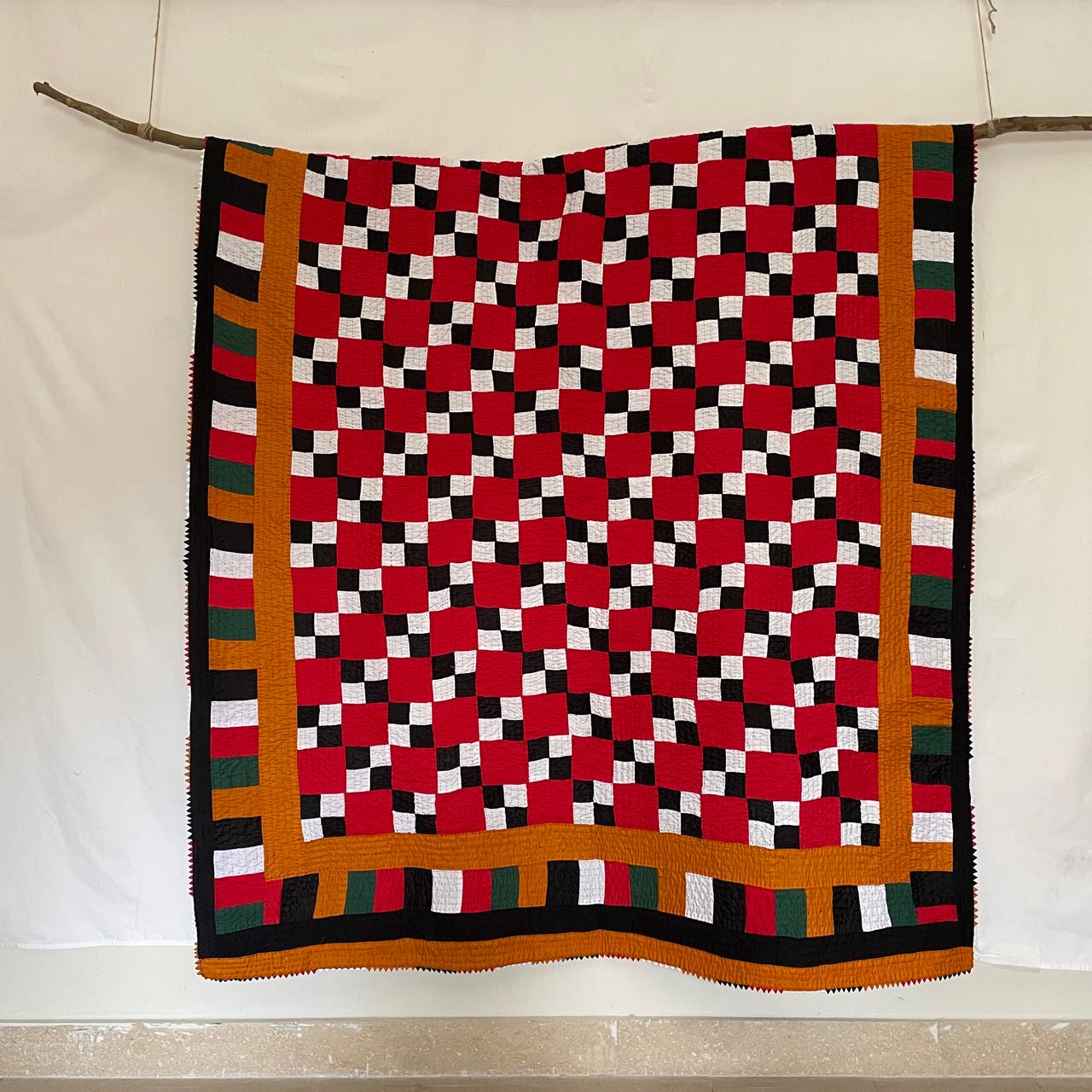 Crimson Checkerboard Staircase Patchwork Sindhi Ralli Quilt