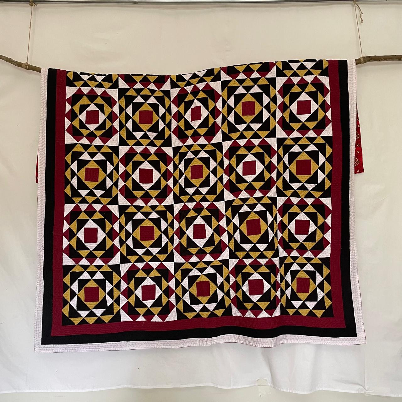 Crimson & Ochre Optical Compass Patchwork Sindhi Ralli Quilt
