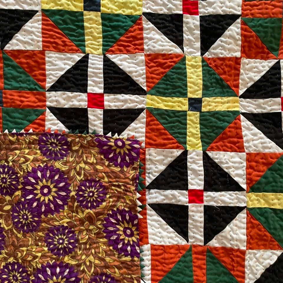 Saffron Pinwheel Mandala Reversible Handmade Patchwork Sindhi Ralli Quilt