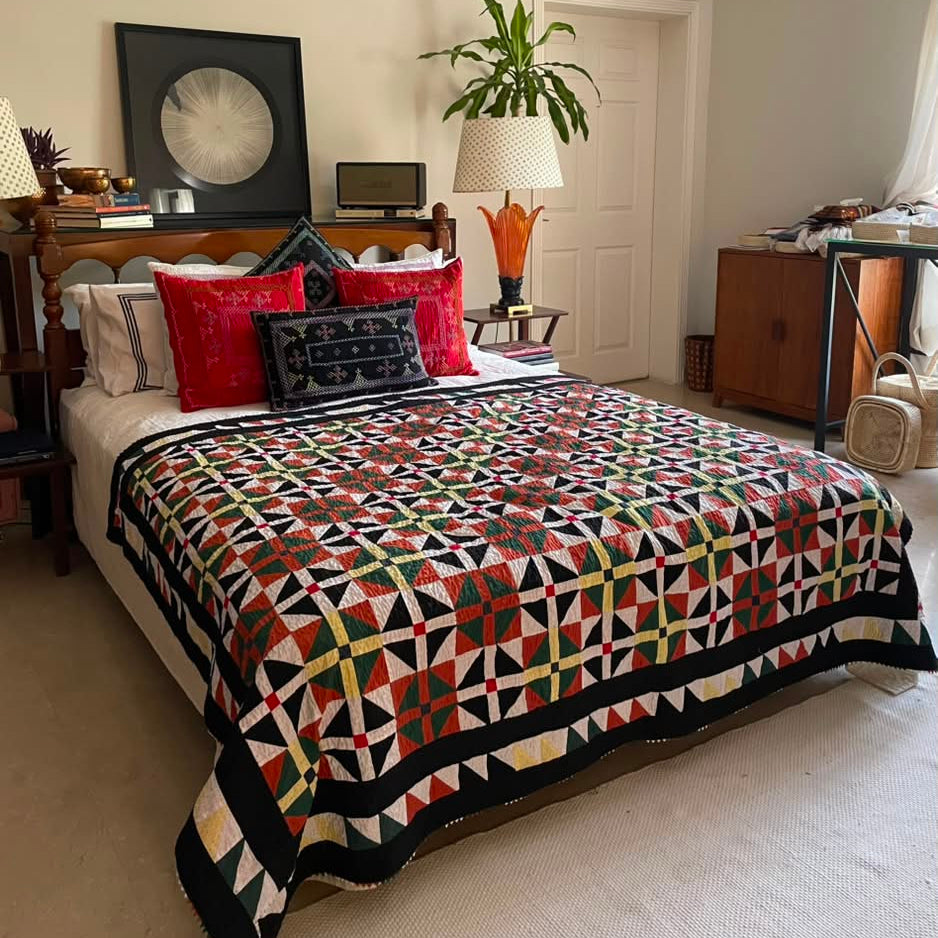 Saffron Pinwheel Mandala Reversible Handmade Patchwork Sindhi Ralli Quilt