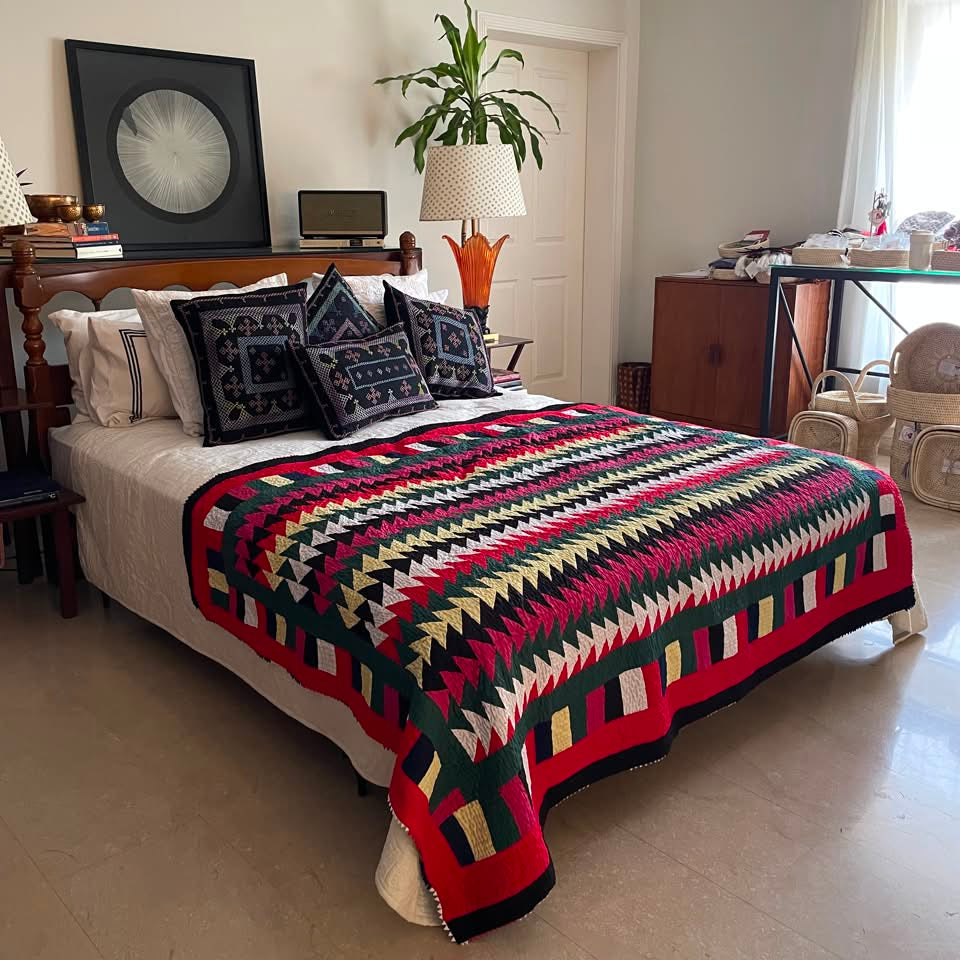 Red Chevron Canopy Reversible Handmade Patchwork Sindhi Ralli Quilt