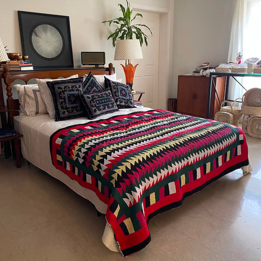 Red Chevron Canopy Reversible Handmade Patchwork Sindhi Ralli Quilt