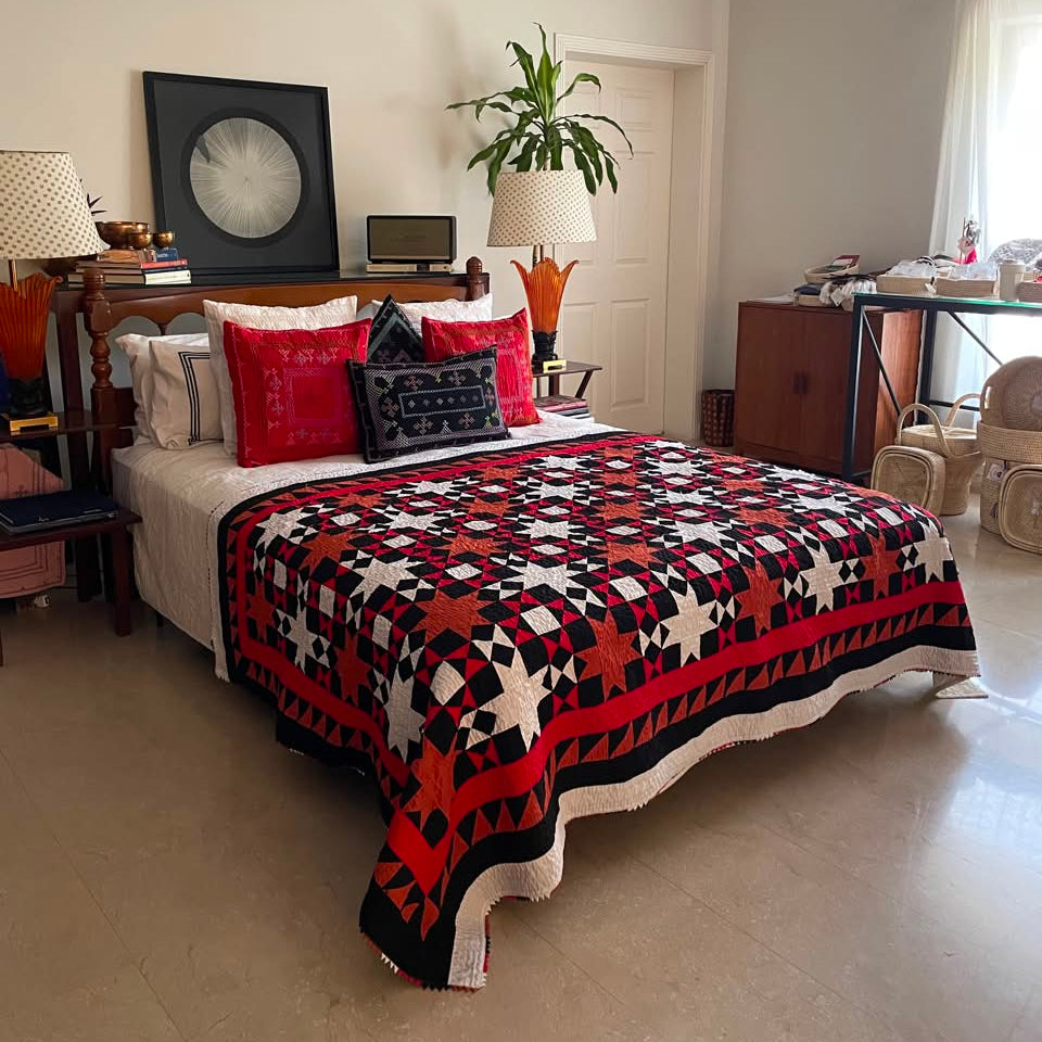 Midnight Star Compass Reversible Handmade Patchwork Sindhi Ralli Quilt