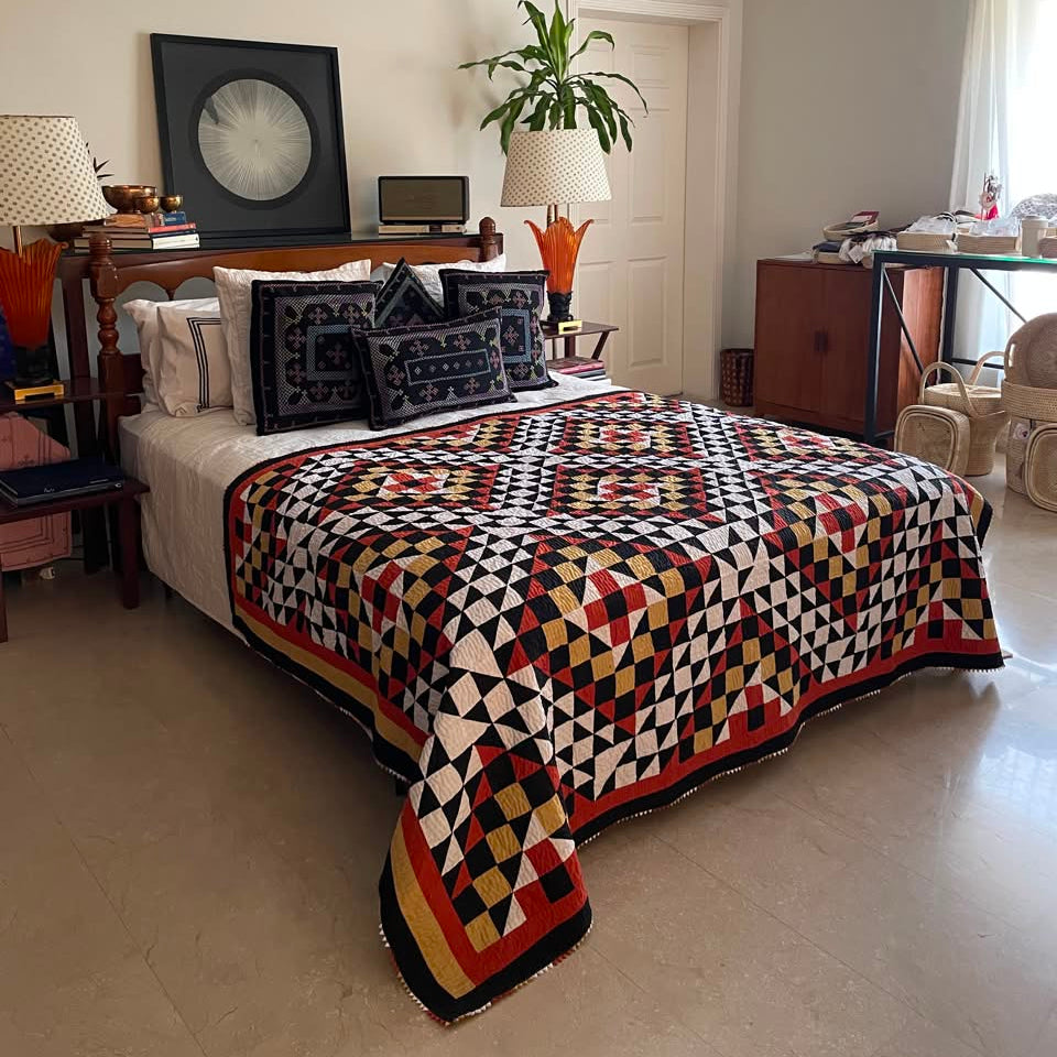 Crimson Compass Reversible Handmade Patchwork Sindhi Ralli Quilt