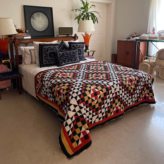 Crimson Compass Reversible Handmade Patchwork Sindhi Ralli Quilt