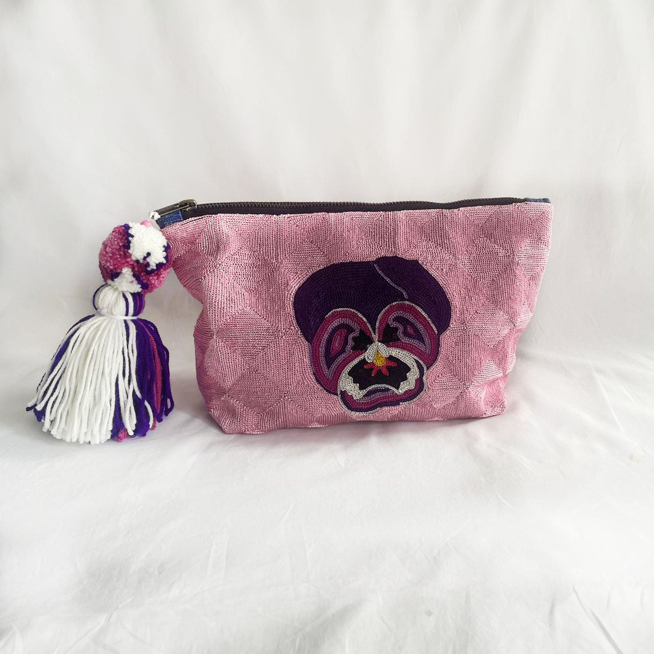 Blush Pansy Hand-Embroidered RC Bag | Handmade Artisan Pouch