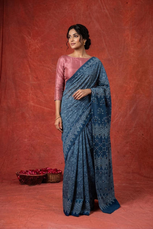 Indigo Mirror Heritage Block Print Saree