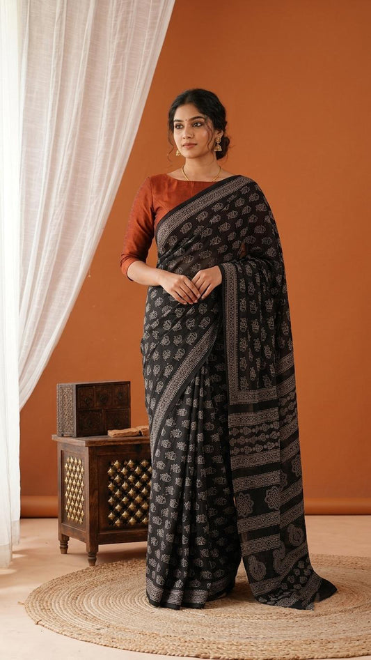 Deep Brown Fish Ajrak Serenity Saree