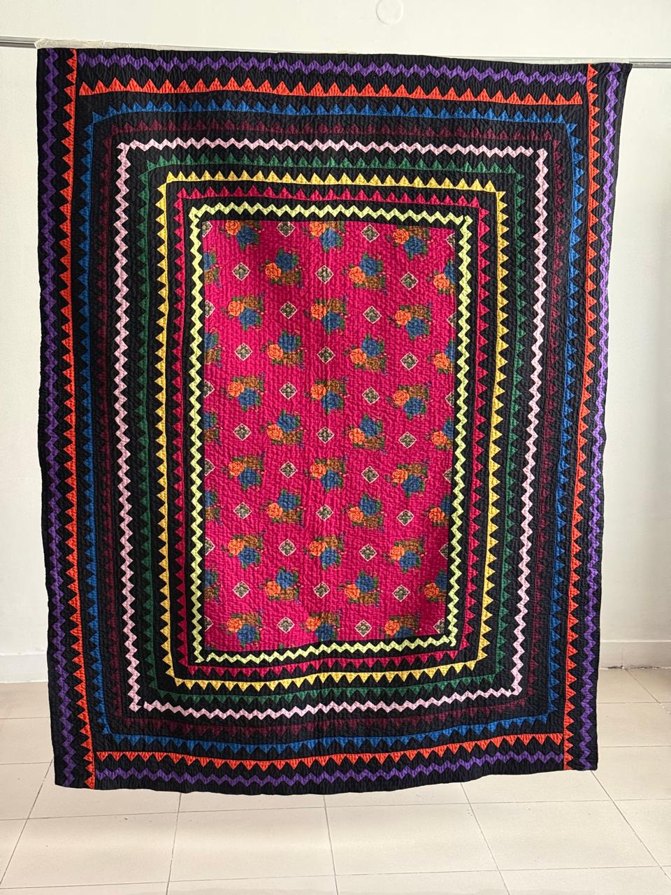 Hot Pink Floral & Colorful Sawtooth Patchwork Throw - Handmade Cotton Rilli Quilt