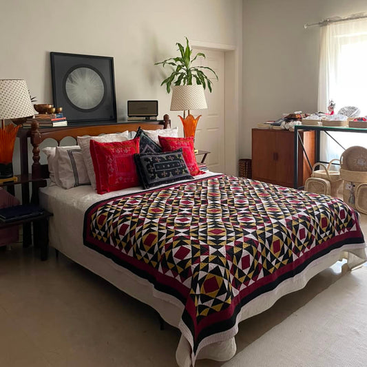 Crimson & Ochre Optical Compass Patchwork Sindhi Ralli Quilt