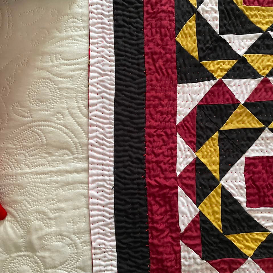 Crimson & Ochre Optical Compass Patchwork Sindhi Ralli Quilt