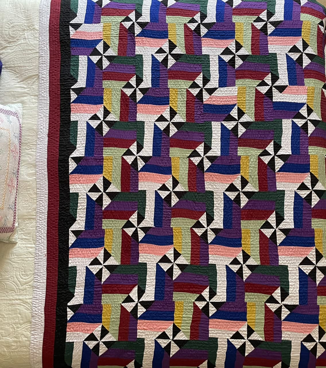Interlocking Pinwheel & Ribbon Patchwork Sindhi Ralli Quilt