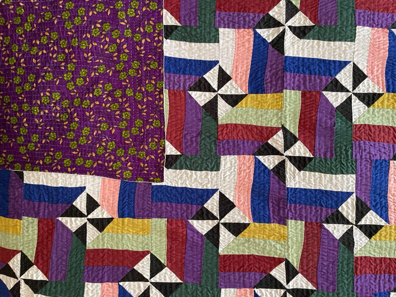 Interlocking Pinwheel & Ribbon Patchwork Sindhi Ralli Quilt