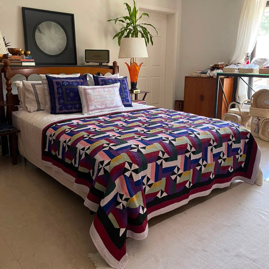 Interlocking Pinwheel & Ribbon Patchwork Sindhi Ralli Quilt