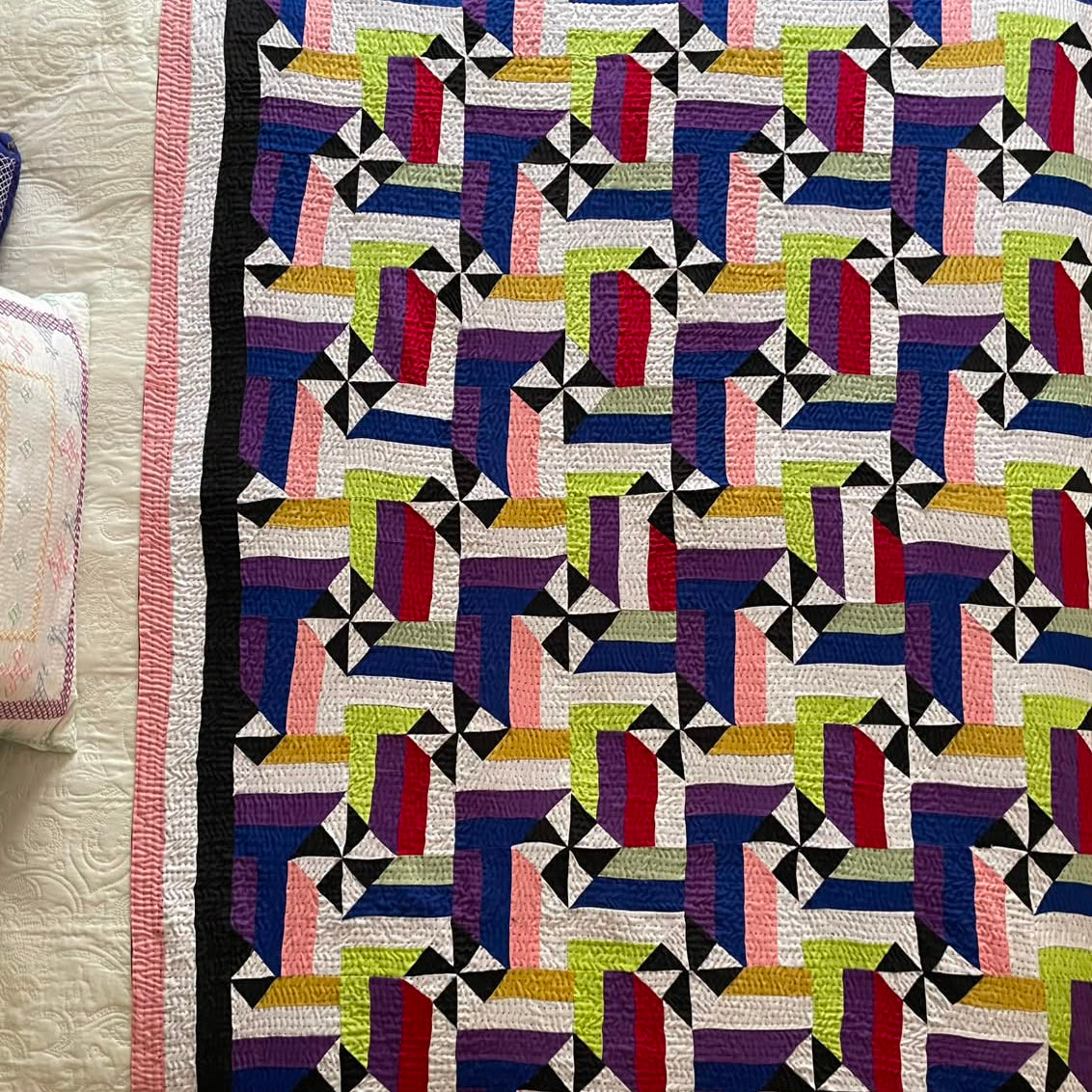 Interlocking Citrus Pinwheel & Ribbon Patchwork Sindhi Ralli Quilt
