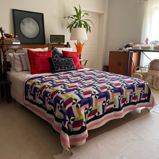 Interlocking Citrus Pinwheel & Ribbon Patchwork Sindhi Ralli Quilt