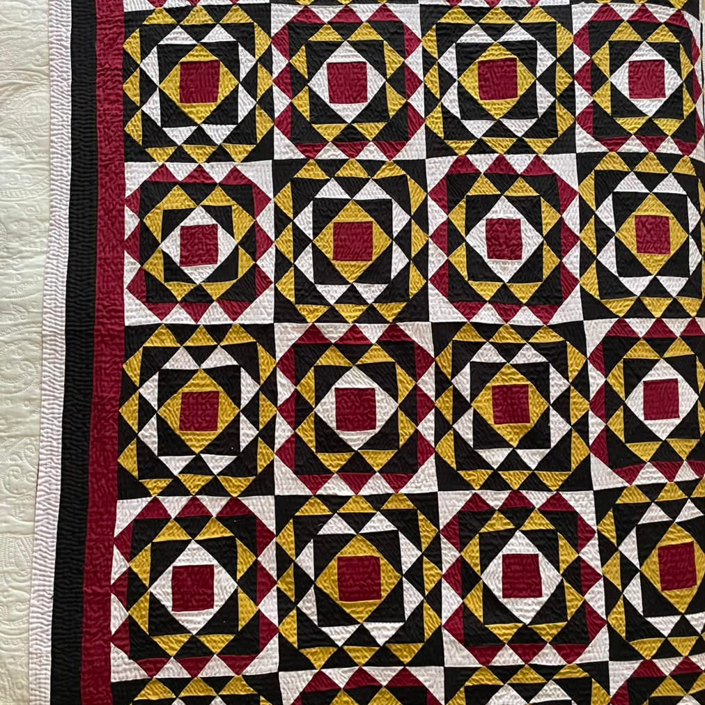 Crimson & Ochre Optical Compass Patchwork Sindhi Ralli Quilt