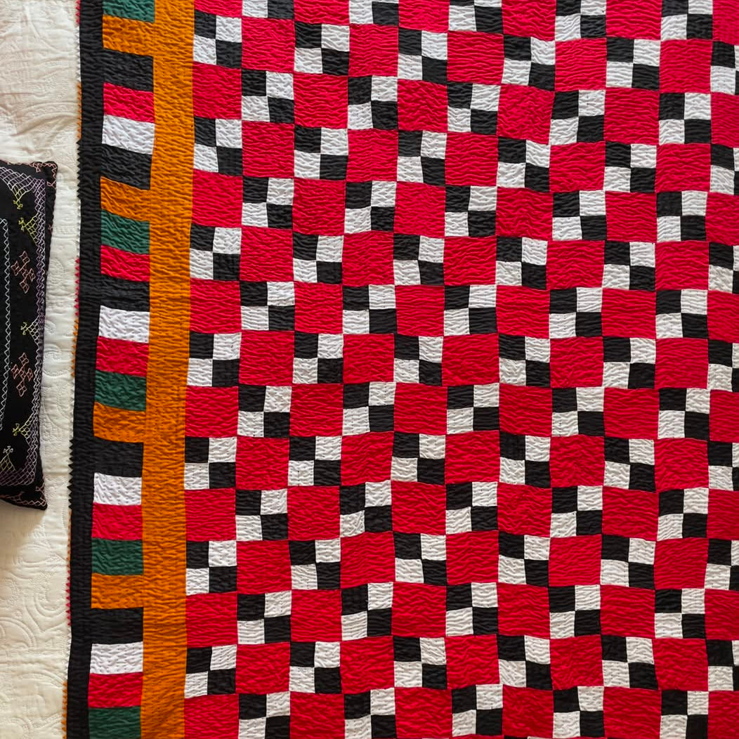 Crimson Checkerboard Staircase Patchwork Sindhi Ralli Quilt
