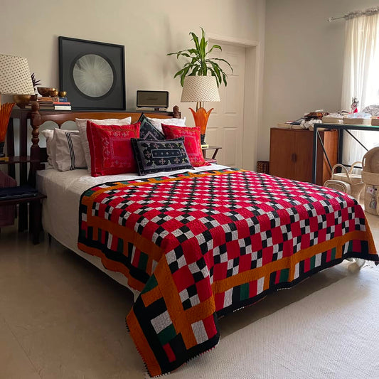 Crimson Checkerboard Staircase Patchwork Sindhi Ralli Quilt