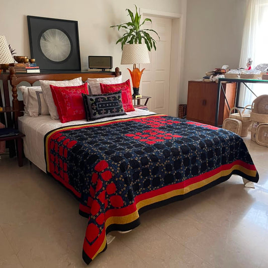 Midnight Sunburst Reversible Handmade Appliqué Sindhi Ralli Quilt