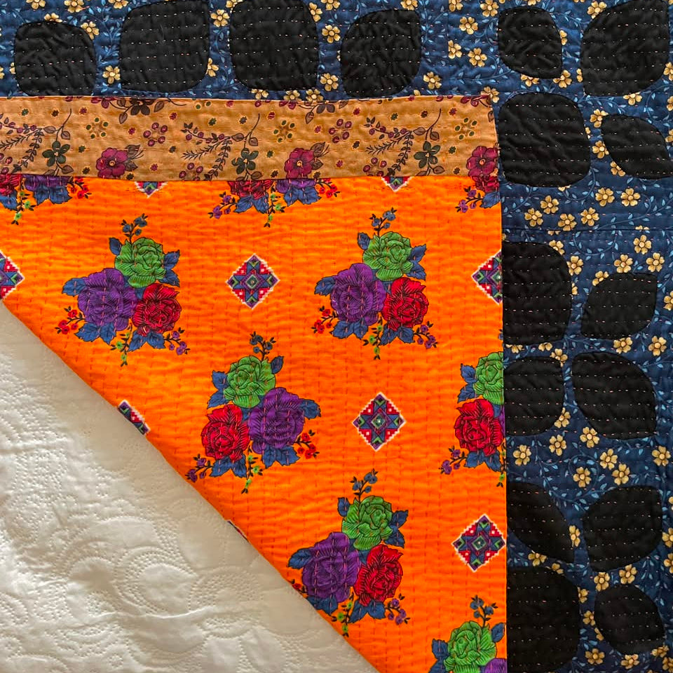 Midnight Sunburst Reversible Handmade Appliqué Sindhi Ralli Quilt