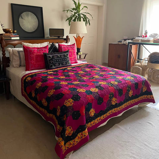 Royal Magenta Hexagon Patchwork Sindhi Ralli Quilt