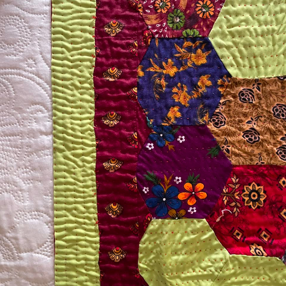 Lime Citrus & Burgundy Hexagon Patchwork Sindhi Ralli Quilt