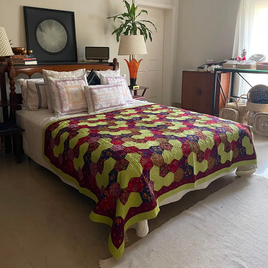 Lime Citrus & Burgundy Hexagon Patchwork Sindhi Ralli Quilt