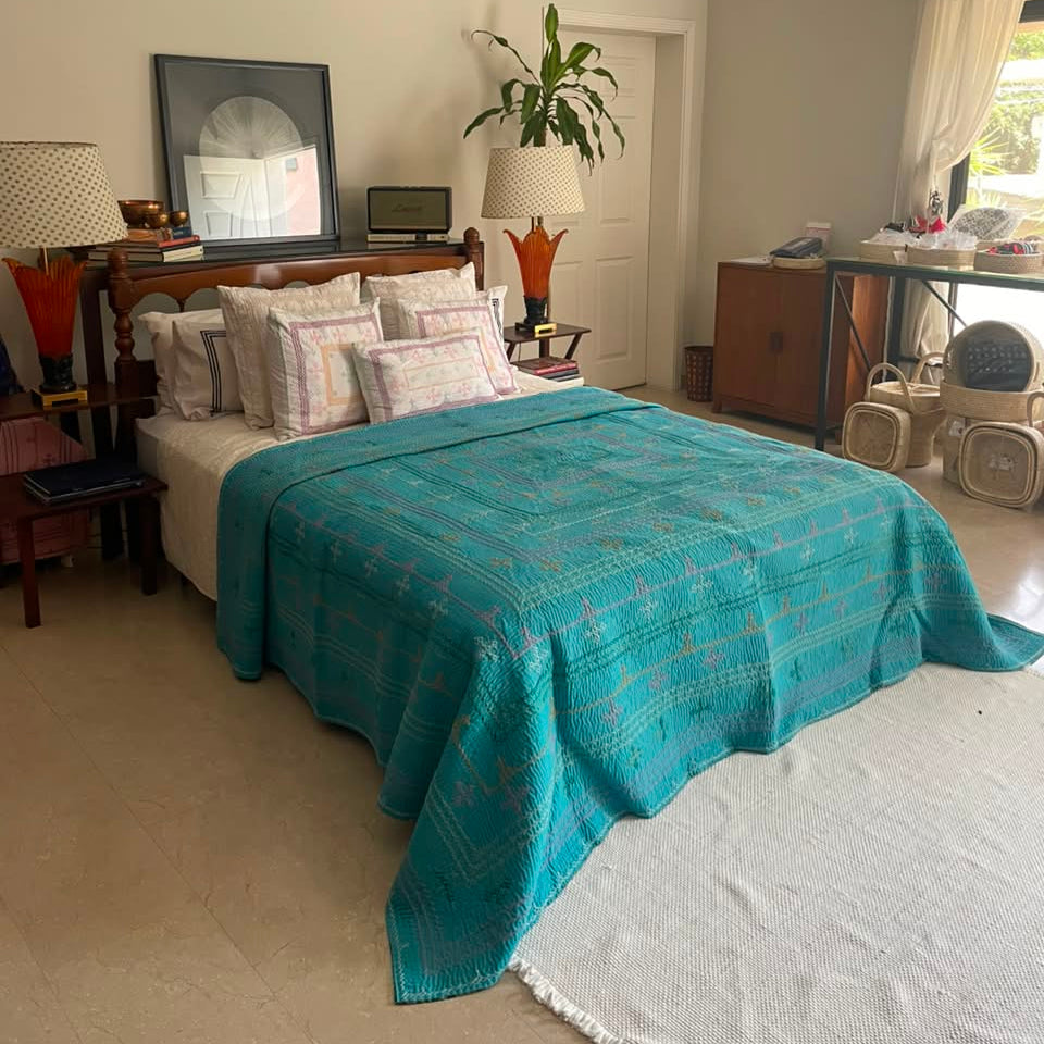 Turquoise J Rilli King Size  Rilli Quilt • Saami Tradition • Hand-Embroidered • Pure Cotton