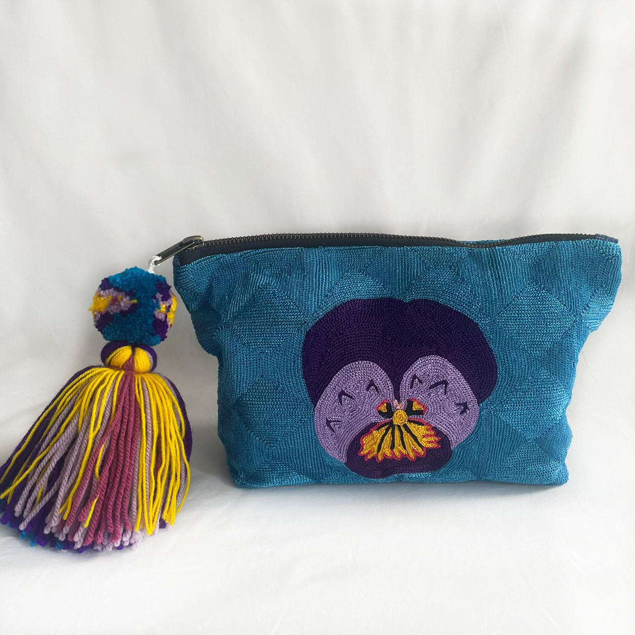 Azure Pansy Hand-Embroidered RC Bag | Handmade Artisan Pouch